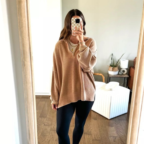 Aerie Beyond Quarter Zip Sweater Cozy Slouchy Oversized Neutral Minimal Brown L - Picture 1 of 10